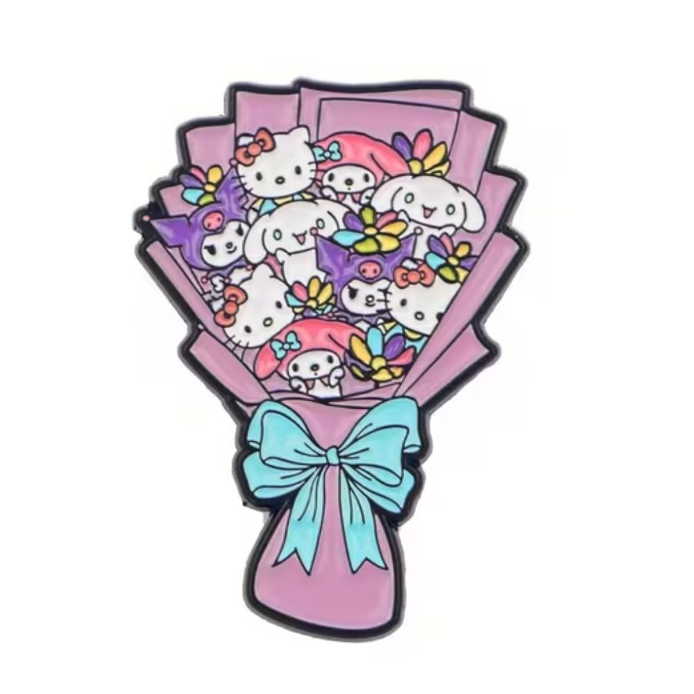 HELLO KITTY & Friends Purple Flower Bouquet Enamel Lapel Pin Brooch NEW & CUTE